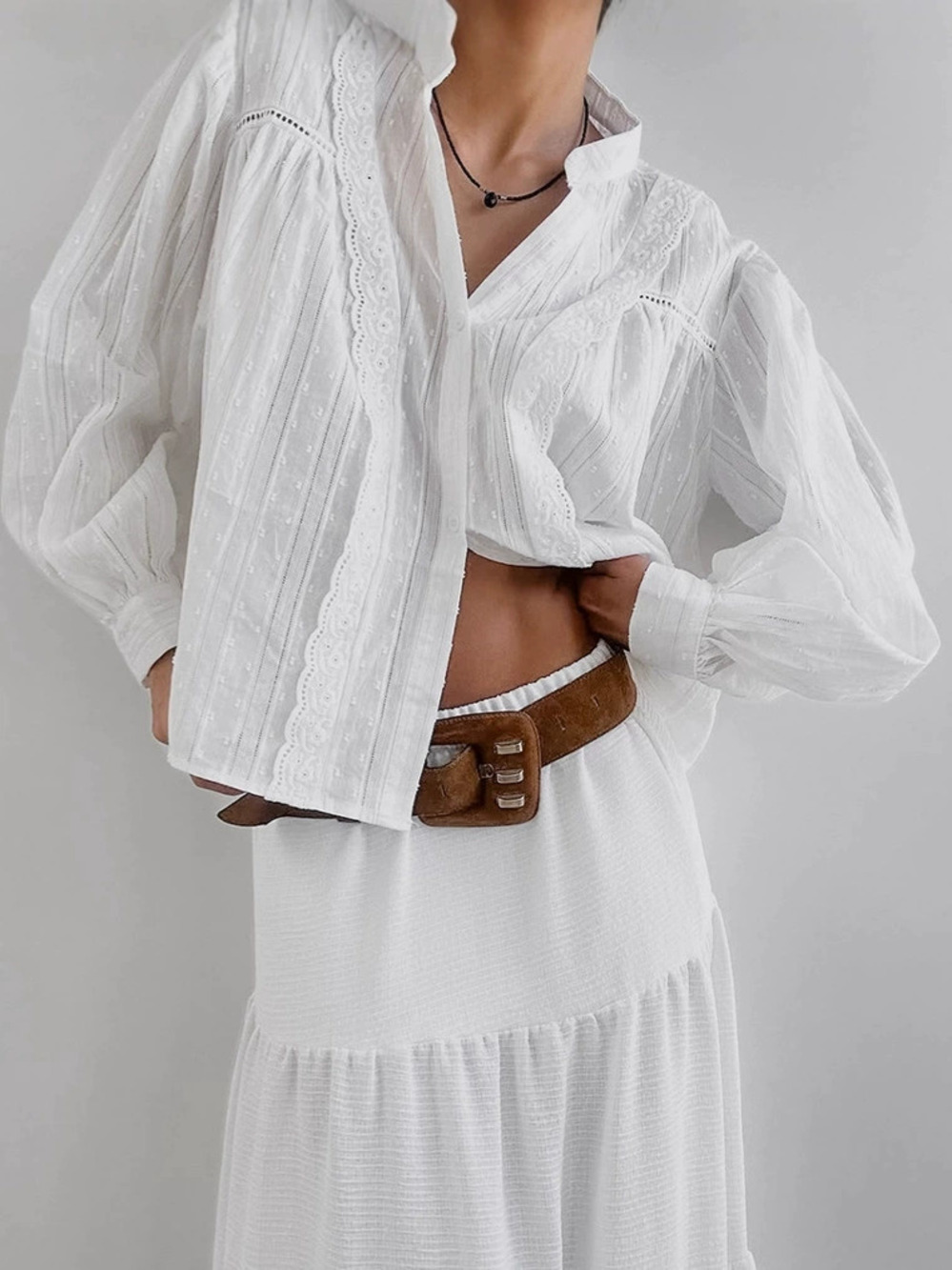 Forever 21 White Jacquard Cotton Blouse Autumn Stand Collar